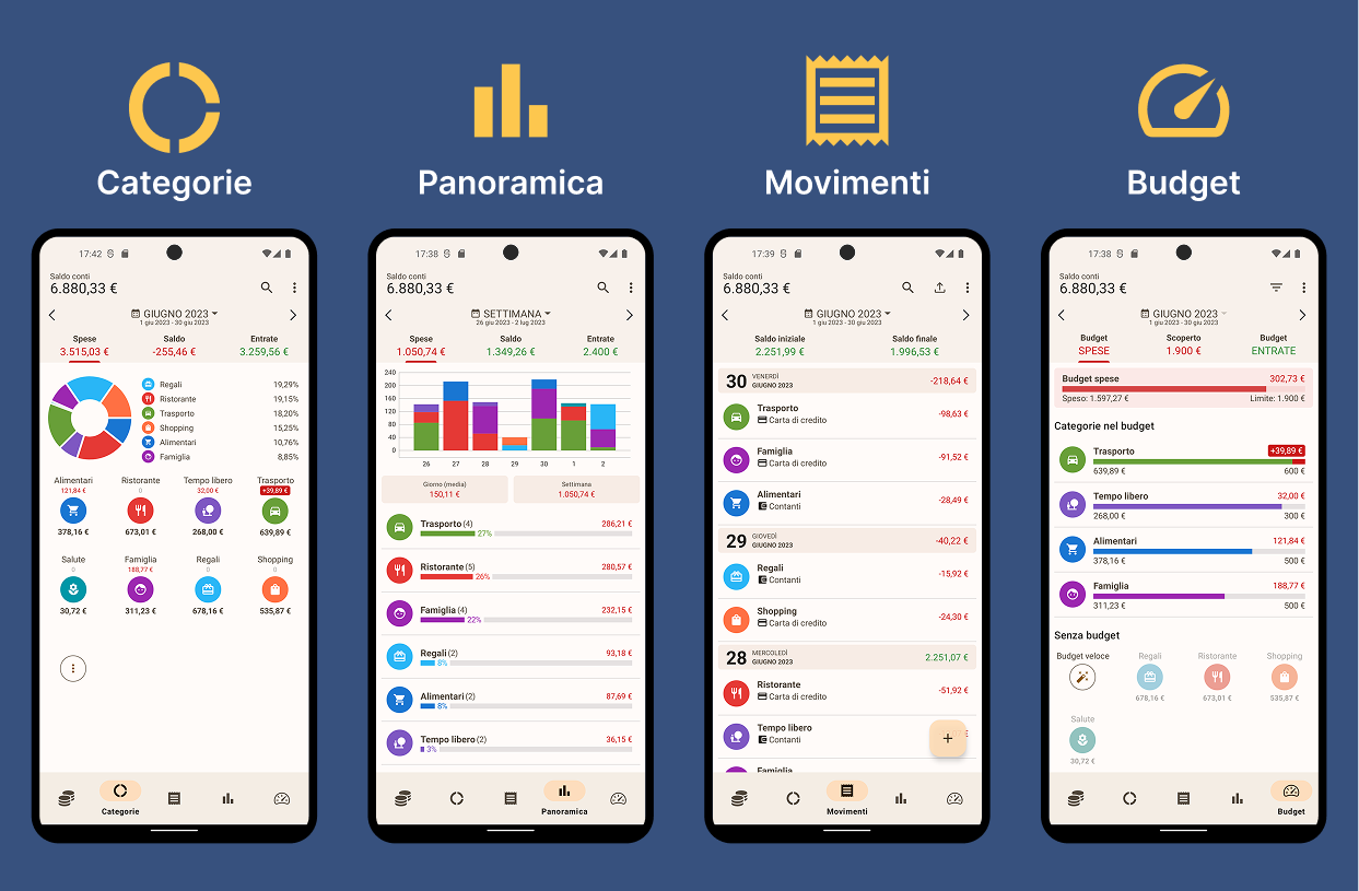 app gestione spese Android Kakebo schermata budget e transazioni